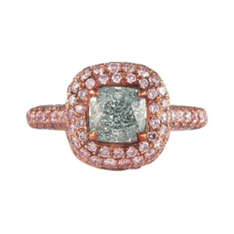 High Jewelry Bague diamant bleuté vert fancy pâle coussin 1,38 ct