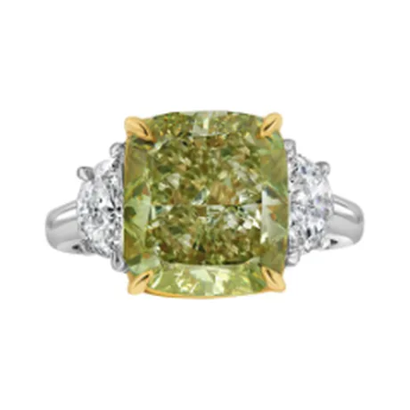 High Jewelry Bague diamant jaune vert fancy coussin 6,08 ct
