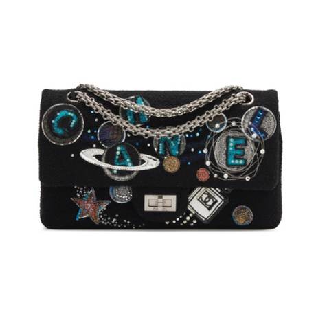 Chanel 2.55 Reissue 225 Double Flap, cristaux & tweed orné bouclé Black Bead Space Charms