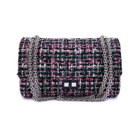Chanel 2.55 Reissue 225 Flap, tweed Pink & Green, argenté