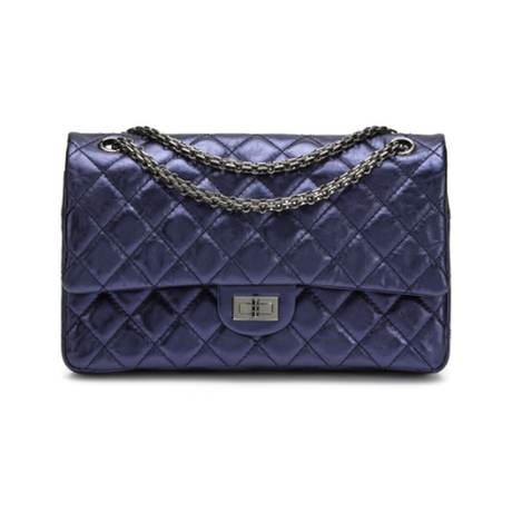 Chanel 2.55 Reissue 226 Double Flap, veau métallisé matelassé vieilli Navy Blue, argenté