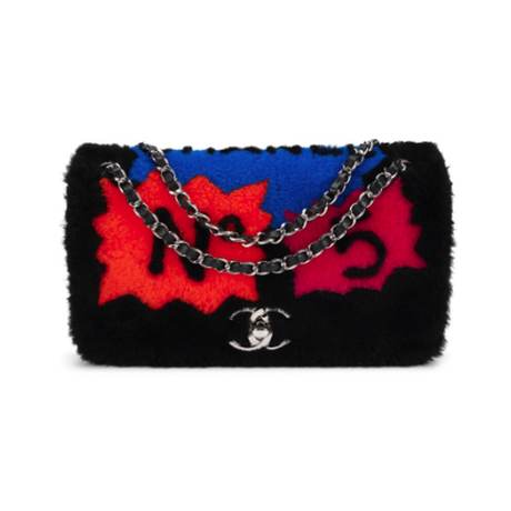 Chanel 5 Pop Art Flap, agneau & shearling Black & Patchwork No, argenté