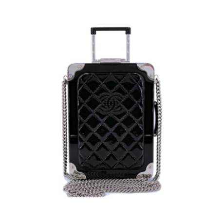 Chanel Airlines Evening in the Air Trolley Minaudière, cuir verni & plexiglas matelassé Black, argenté