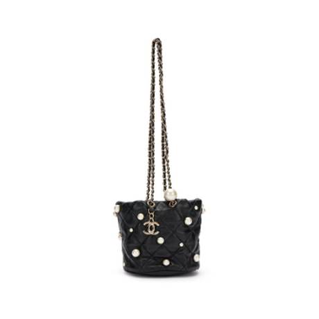 Chanel Bucket avec, agneau matelassé & perles Black, doré pâle