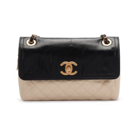 Chanel Camera Flap, cuir matelassé Black & Beige CC, doré