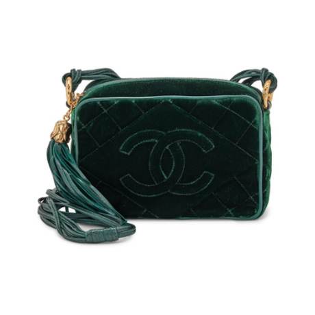 Chanel Camera Tassel, velours matelassé Green CC, doré