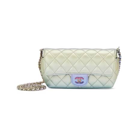 Chanel Case avec chaîne, veau dégradé métallisé matelassé Green & Purple Glasses, argenté