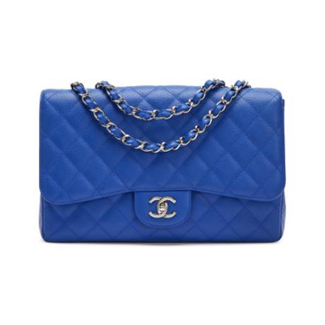 Chanel Classic Jumbo Single Flap, caviar matelassé Blue Roi, argenté