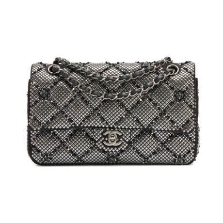 Chanel Classic Medium Double Flap, satin & strass matelassé orné perlé Black, ruthénium