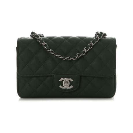 Chanel Classic Mini Flap, caviar matelassé Dark Green, argenté