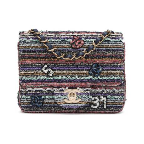 Chanel Classic Mini Flap, sequins Multicolor Mixed Fibers Logo, doré pâle