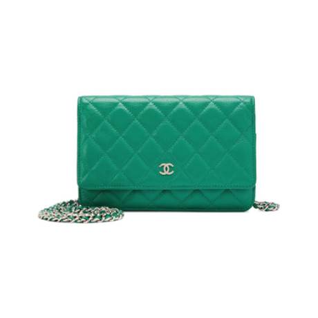 Chanel Classic Wallet Chain On WOC, caviar matelassé Green, argenté