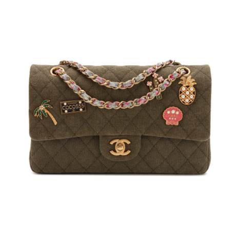 Chanel Coco Cuba Charms Medium Classic Double Flap, toile matelassé Khaki, doré vieilli