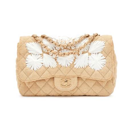 Chanel Coco Jumbo Flap, lin & paille & raphia matelassé brodé Beige White & Floral Country