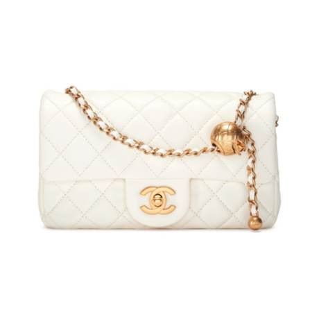 Chanel Crush Mini Rectangular Flap, agneau & perles matelassé White, doré vieilli