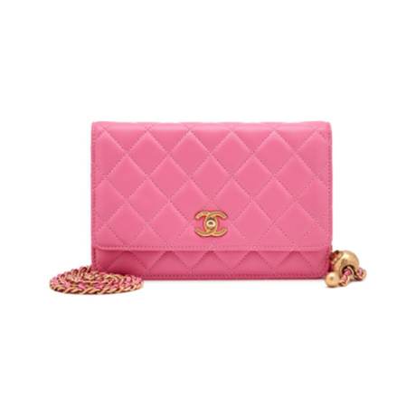 Chanel Crush Wallet On Chain, agneau & perles matelassé Pink, doré