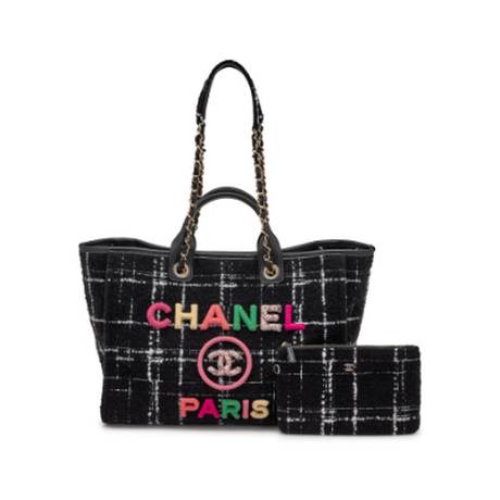 Chanel Deauville Tote, tweed Rainbow Black, doré