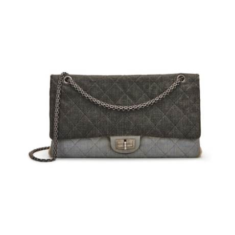 Chanel Double Flap 2.55 Reissue 228, denim matelassé Light Blue Dark Grey & Beige, ruthénium