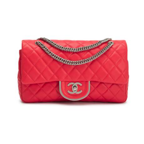 Chanel Double Flap, agneau matelassé Coral Red Icons Secret Label, argenté