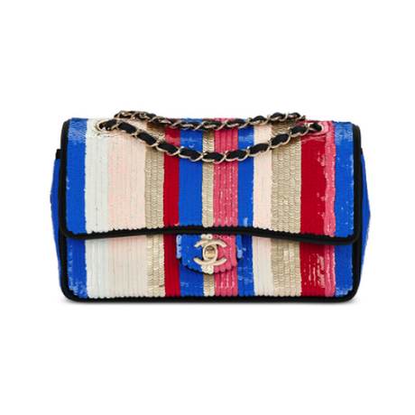 Chanel Double Flap, sequins & tissu Blue White Red Gold & Pink & Black, doré pâle