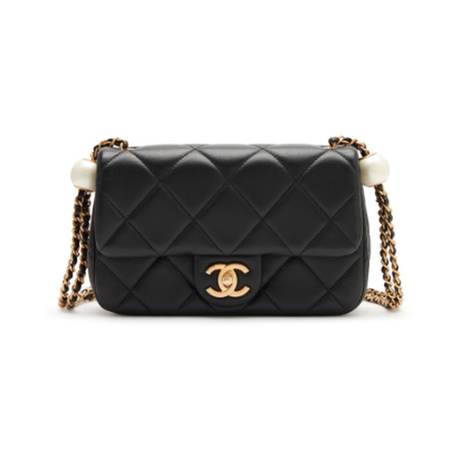 Chanel Double Mini Flap, agneau matelassé & perles Black, doré vieilli