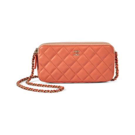 Chanel Double Zip Clutch avec chaîne, agneau matelassé Pink, doré
