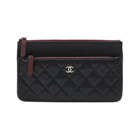 Chanel Double Zip Cosmetic Case Pouch, caviar matelassé Black, argenté