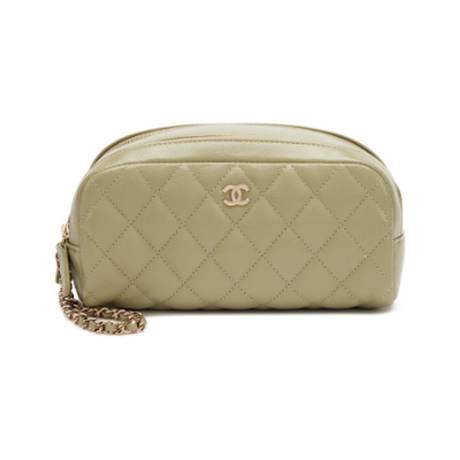 Chanel Double Zip Cosmetic Pouch avec chaîne, caviar matelassé Light Army Green, doré clair