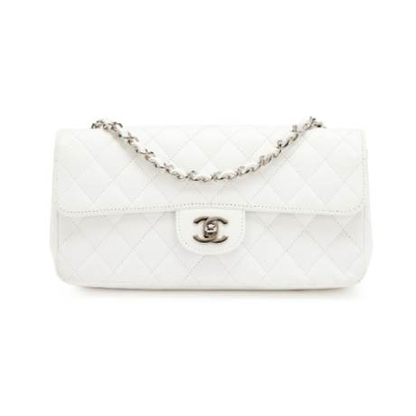 Chanel East West Classic Flap, caviar matelassé White, argenté