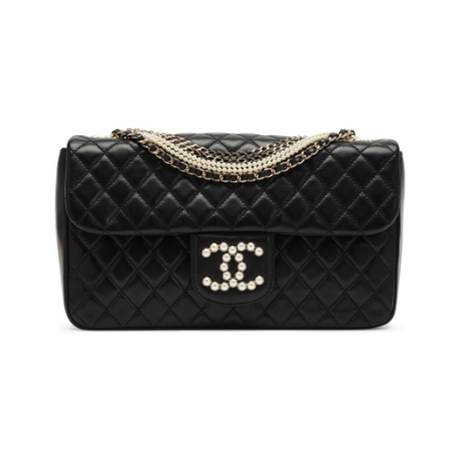 Chanel Flap, agneau & perles matelassé imitation Black Westminster, doré