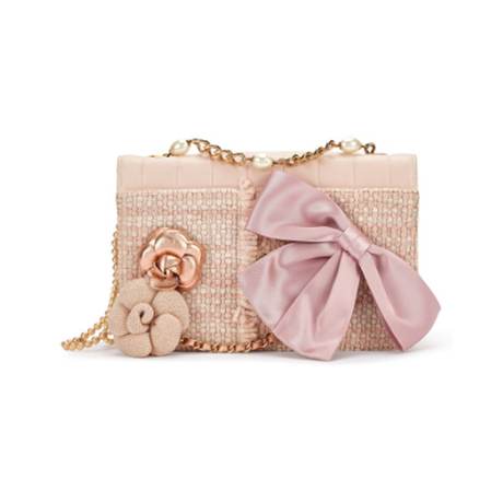 Chanel Flap, agneau & tweed & perles imitation Beige & Pink Ribbon & Camellia, doré