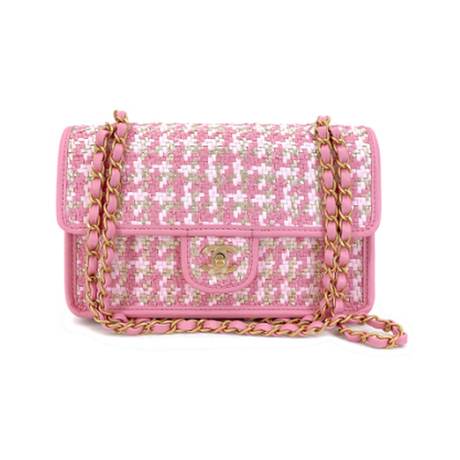 Chanel Flap, agneau tissé pied-de-poule Pink Gold & White, doré