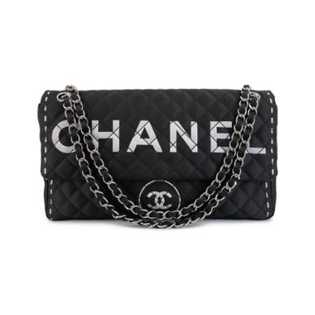 Chanel Flap, nylon matelassé imprimé Black & White Logomania, argenté