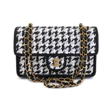 Chanel Flap, osier & paille pied-de-poule Black & White, doré
