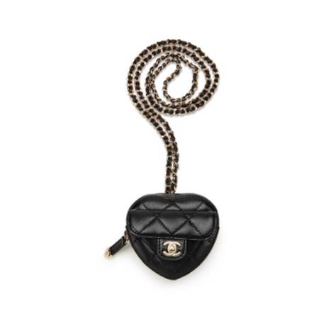 Chanel Heart Zipped Coin Purse Necklace, agneau matelassé Black, doré