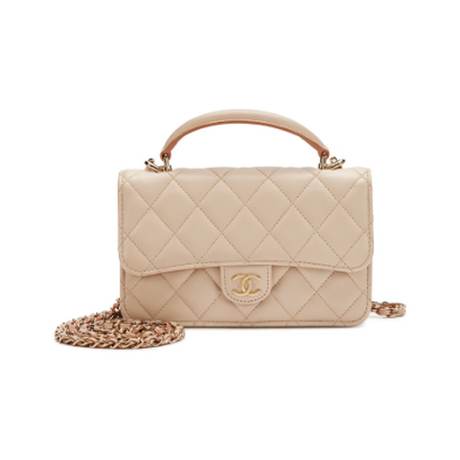 Chanel Holder Flap avec chaîne, agneau matelassé Beige & Brown Phone, doré clair
