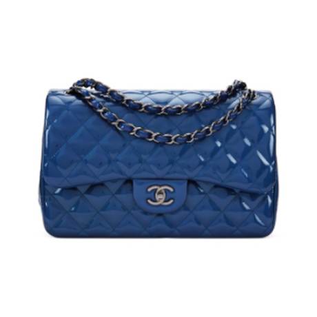 Chanel Jumbo Classic Double Flap, cuir verni métallisé matelassé Blue, ruthénium