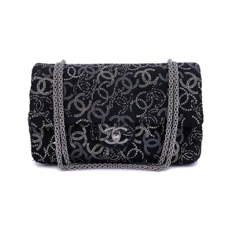 Chanel Jumbo Classic Single Flap, tweed & strass & cristaux Black CC Paris-Shanghai Pudong, argenté