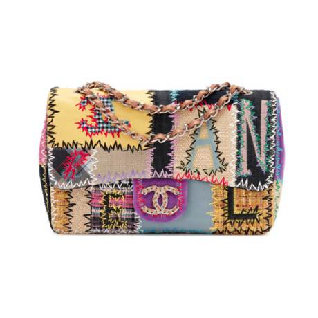 Chanel Jumbo Single Flap, tweed & textile & cuir & denim Rainbow & Patchwork, argenté
