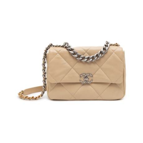 Chanel Large 19 Flap, agneau matelassé Beige, argenté