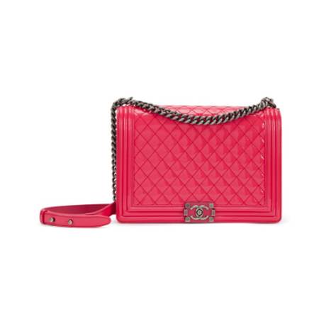Chanel Large Boy, cuir verni matelassé Pink, ruthénium