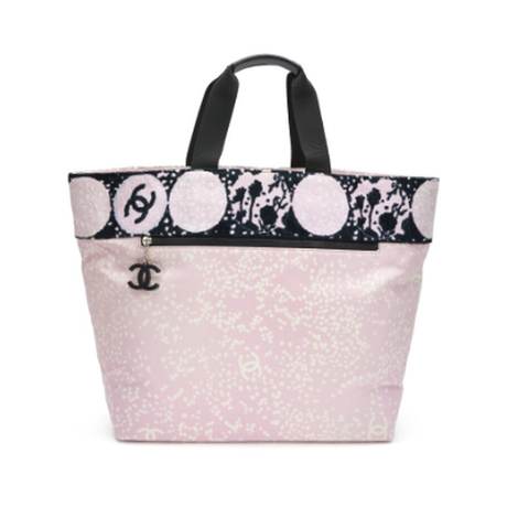 Chanel Large CC Tote, éponge & coton & toile imprimé Pink & Black, argenté