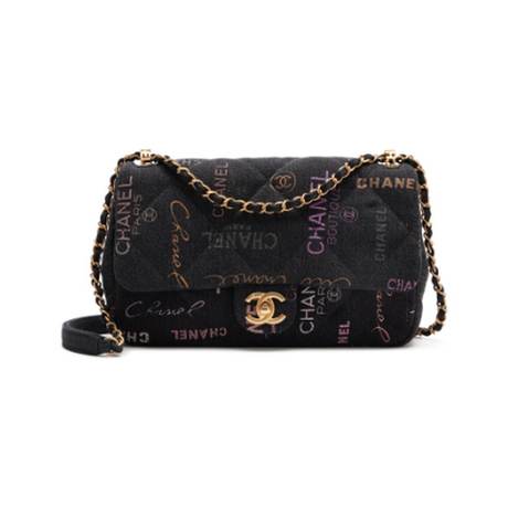 Chanel Large Mood Flap, denim imprimé matelassé Black Logo, doré vieilli