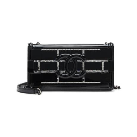 Chanel Lego Brick Flap, plexiglas & cristaux & cuir verni Black, argenté