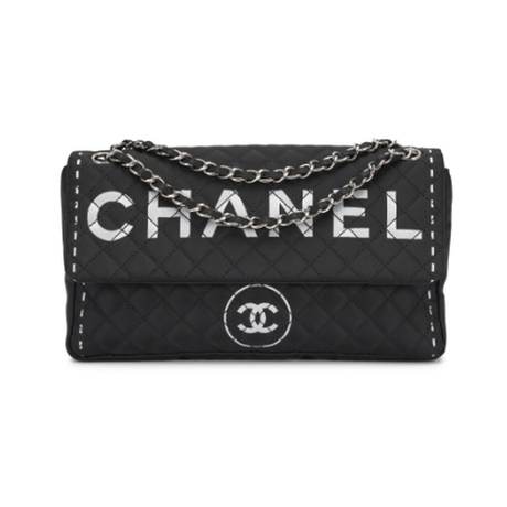 Chanel Letter Logo Flap, nylon matelassé imprimé Black, argenté
