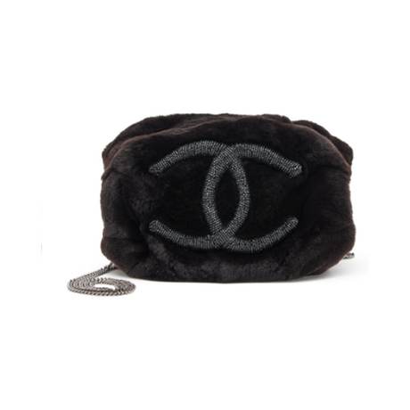 Chanel Manchon avec CC Chain, fourrure perlé & strass Black Hand Warmer, argenté