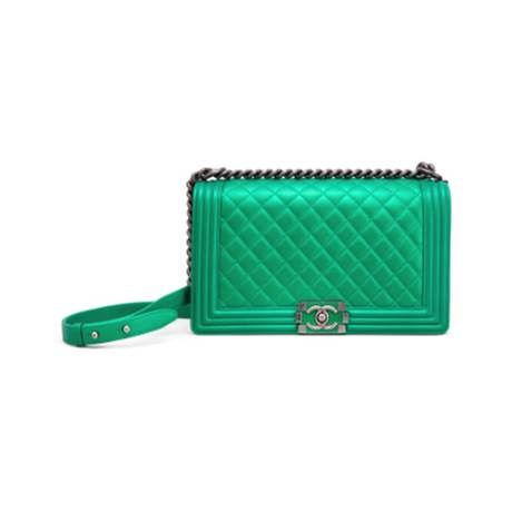 Chanel Medium Boy, cuir verni & veau métallisé matelassé Green, ruthénium