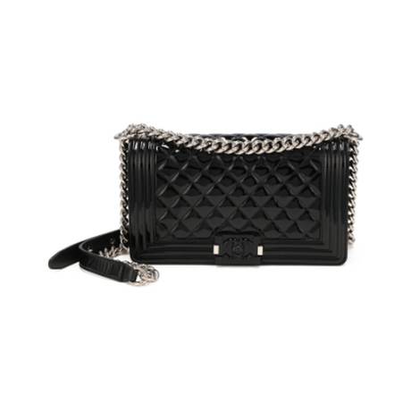 Chanel Medium Boy, cuir verni matelassé Black, argenté