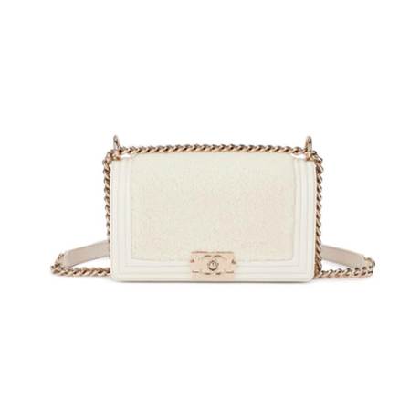 Chanel Medium Boy, shearling & veau White, doré clair