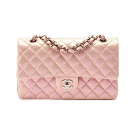 Chanel Medium Classic Double Flap, agneau irisé matelassé Pink, argenté